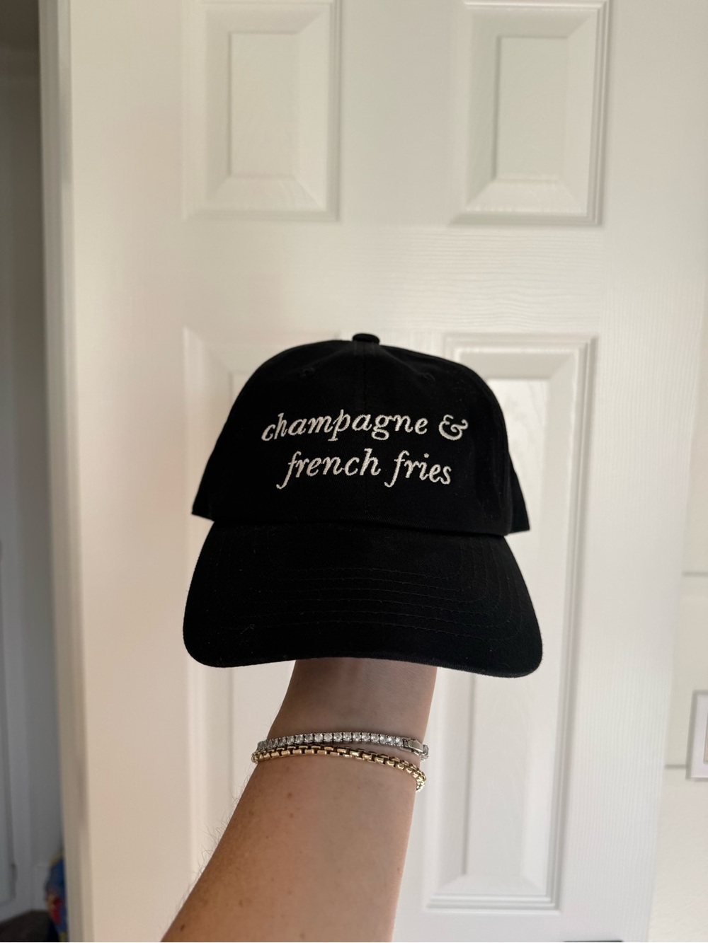 Kate Spade ♠️ Black Embroidered Slogan Baseball Cap - Champagne & French Fries